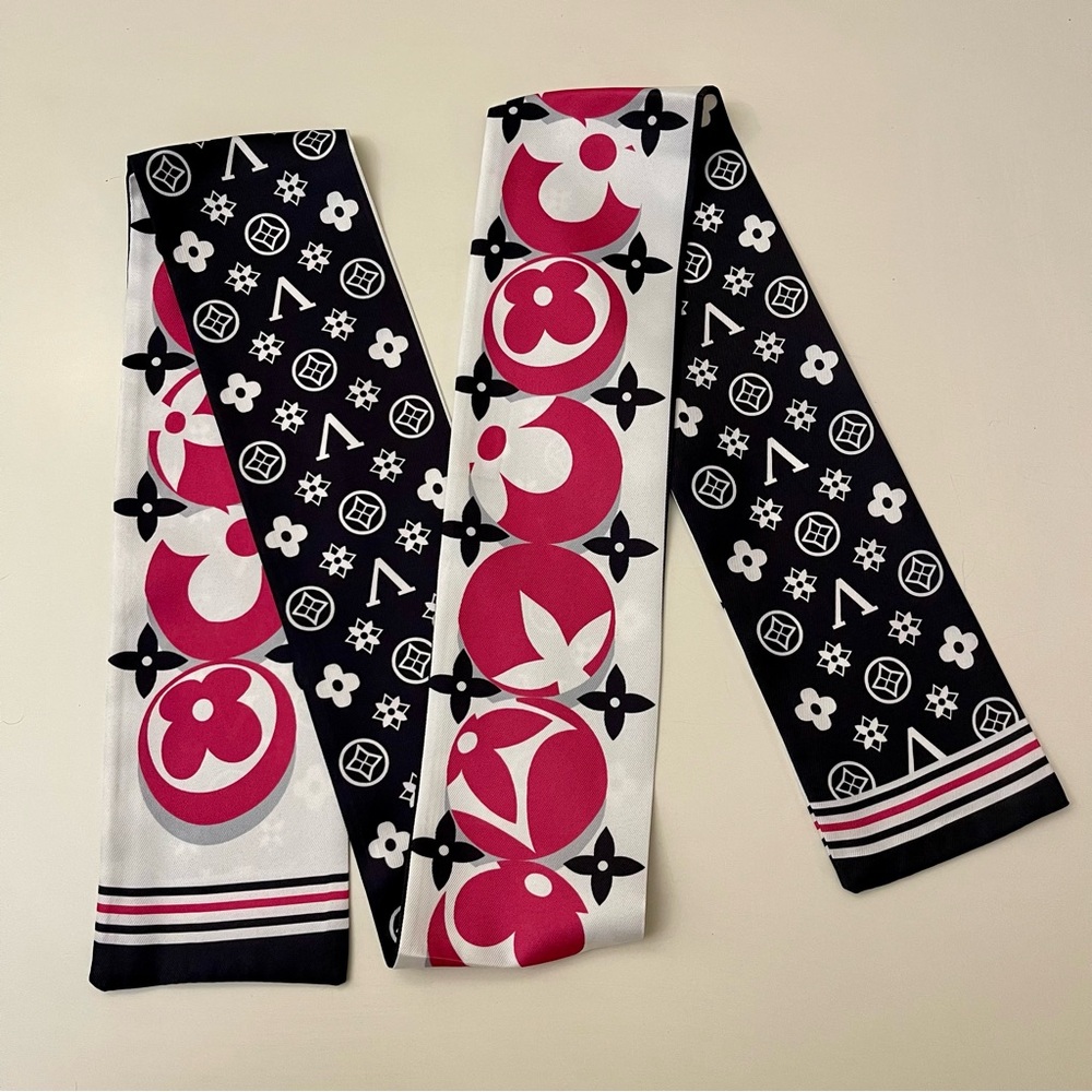 Luxury 100% Silk Bandeau Twilly Scarf - Black, White & Pink Floral Monogram - Picture 4 of 7